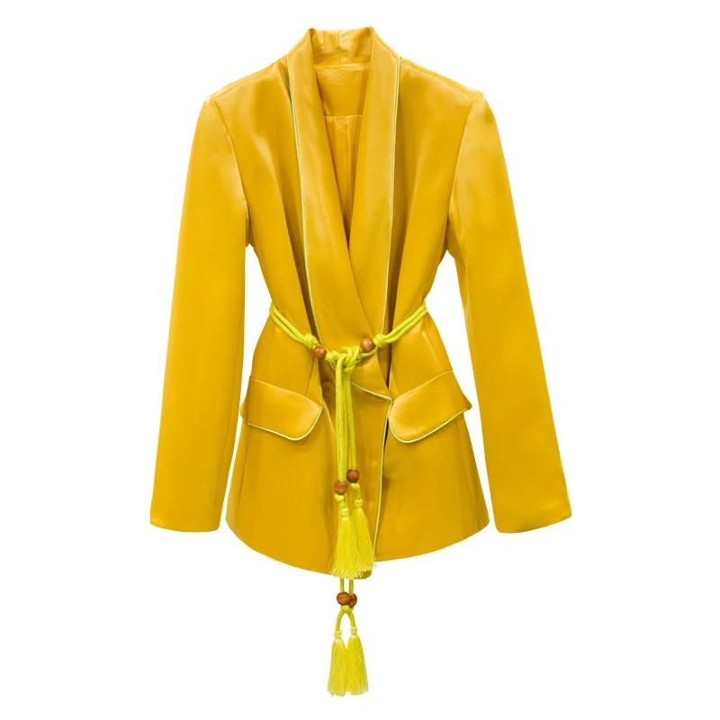 HIGH QUALITY New Fashion Designer Runway Suit Set Women's Rope Belt Yellow Blazer Suit Wide Leg Pants Set