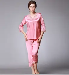 2018 новые элегантные роскошные шелковые пижамы для Для женщин Сплошной Вышивка пижамы Для женщин Lounge Пижамы для девочек шелковый атлас Pijama