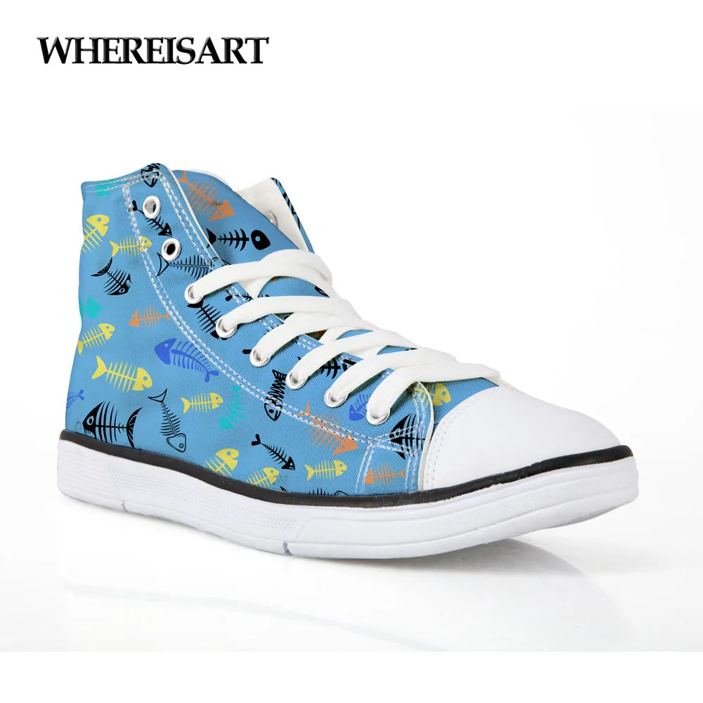 

WHEREISART Women Shoes 2019 New Spring Fish Bone Print Sneakers Adult Casual Canvas Student Footwear High Top Walking Board Shoe
