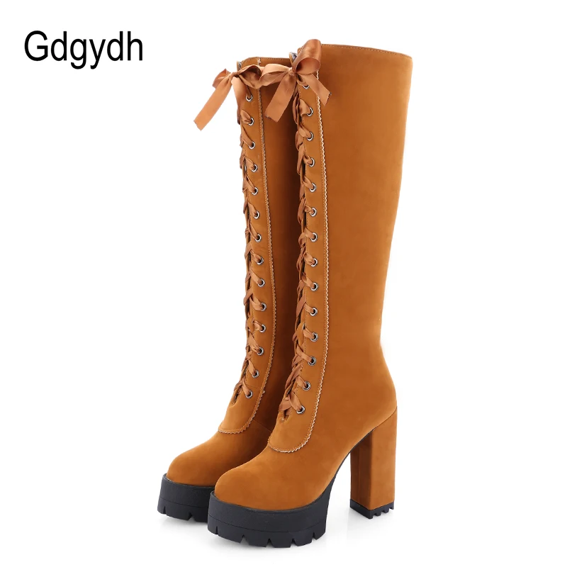 Gdgydh Winter Lacing Knee High Boots Women Suede Boots Shoes High Heels Female Autumn Rubber Sole Ladies Shoes Big Size 43