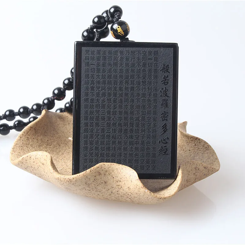 QIANXU Obsidian Necklace Pendant Buddhist Scripture with Rope Chain Hand Carved Lucky Fine Jewelry | Украшения и аксессуары