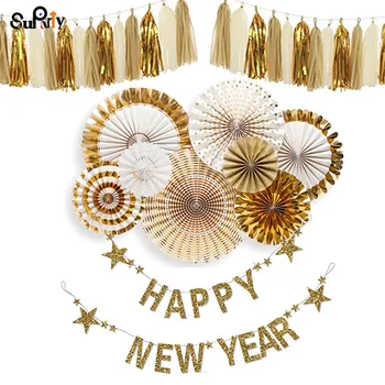 

1 set Foil Gold Paper Rosettes White and Gold Tassel Garland Glitter Gold Happy New Year Birthday banner Wedding Gold Paper Fan