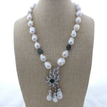 

N121905 22" White Keshi Pearl Necklace CZ Pendant