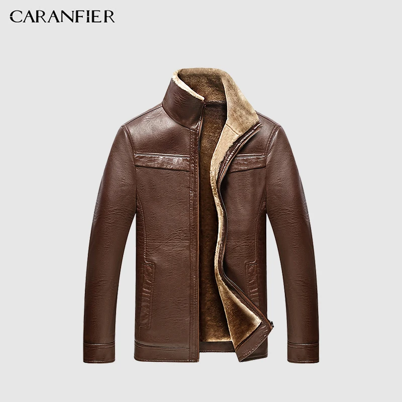 

CARANFIER Mens PU Leather Jackets Winter Warm Thicken Fur Collar Coats Businessmen Outerwear Biker Male Plus Velvet Overcoats