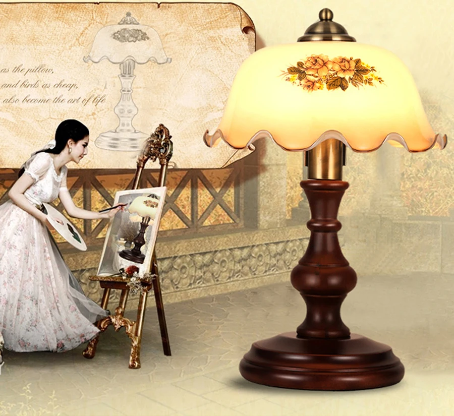 

3W led bulb table lamp with color drawing camellia lamp shade and high quality wood lamp body on hot sales