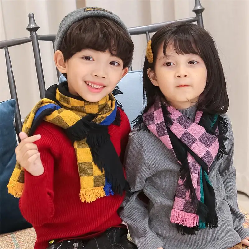 

Boys girls winter plush soft warm plaid arcylic tassels scarves