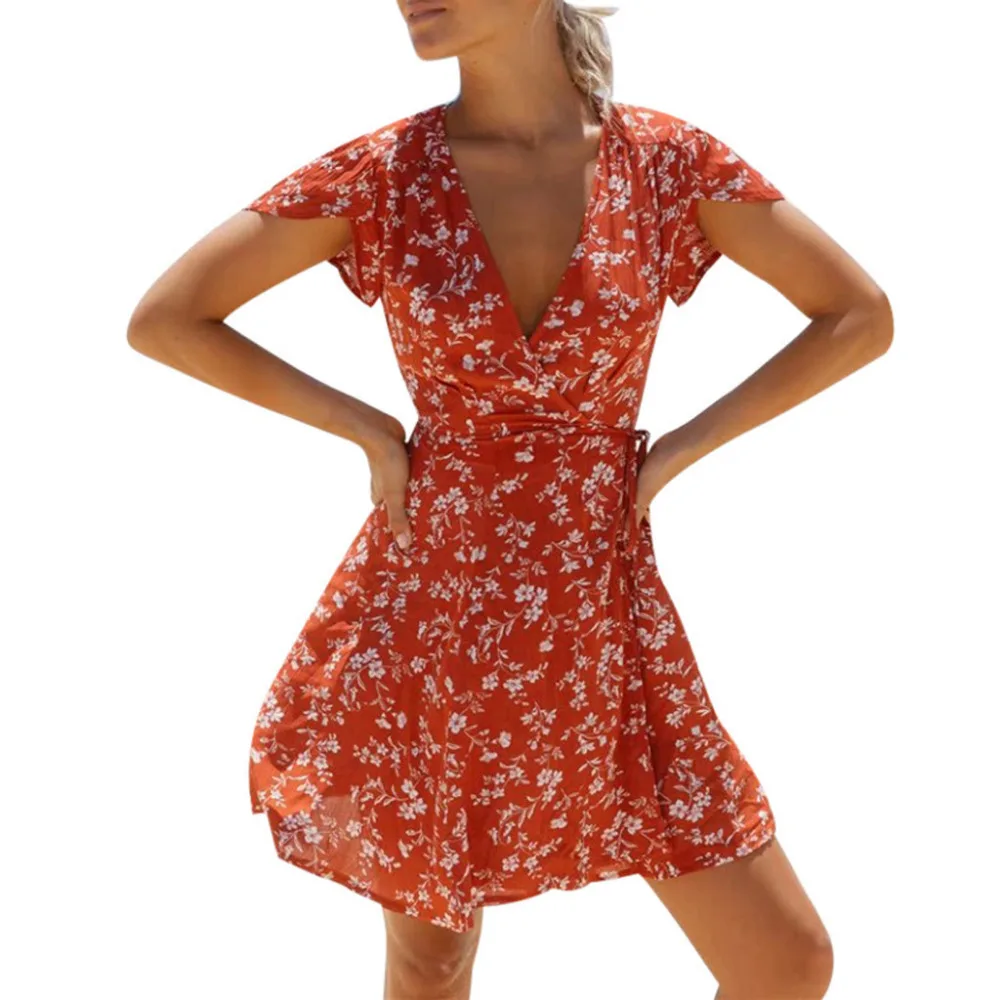 

2019 Summer New Style Fashion Womens Sexy V-Neck Short Sleeve Broken Flowers Mini Dress Beach Slim Mini Dress Short Dresses