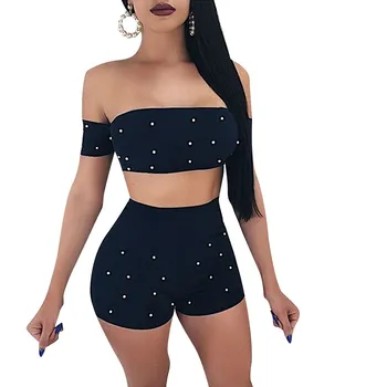 

2018 Sexy Womens Two Piece Outfits Fashion Summer Ladies Strapless Pearl Beading Halter Matching Crop Top and Shorts Sets