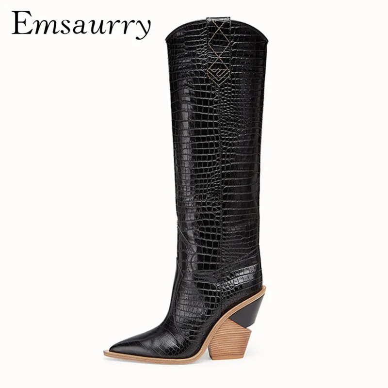 

Knee High Boots Women Fashion Catwalk Boots Serpentine Unique Patchwork Chunky Heel Point Toe Fall Winter Botas Mujer