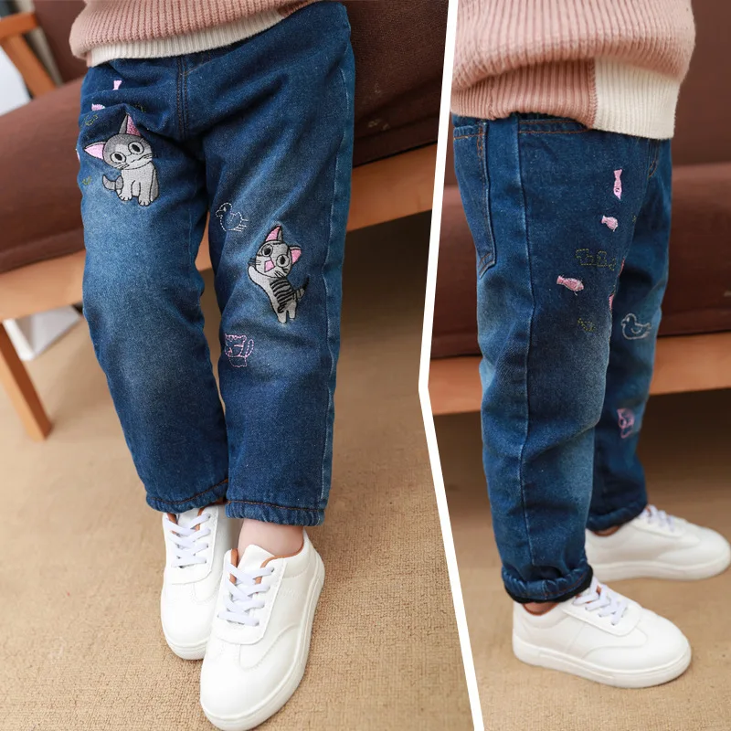 Детские джинсовые штаны; вельветовые джинсы для девочек; леггинсы с рисунком для маленьких детей; зимняя детская одежда; утепленные свободные брюки для девочек