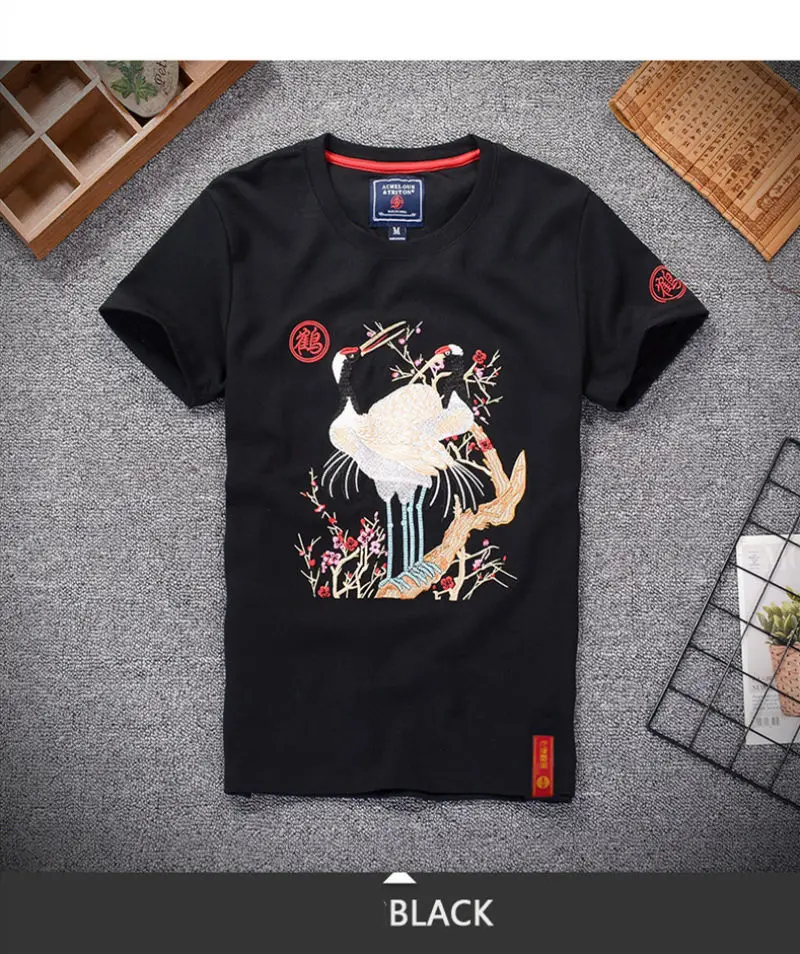 Для мужчин вышивка Кран Цветок Повседневное T рубашка в китайском стиле летние футболки футболка с длинными рукавами в уличном стиле футболка с короткими рукавами премиум топы
