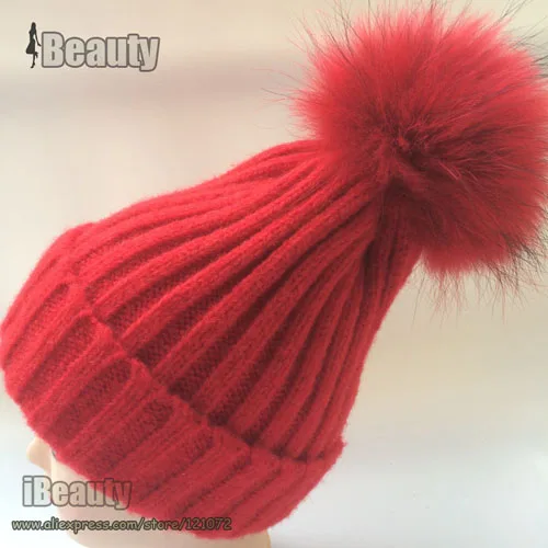 Детская зимняя шапка шар-помпон из меха енота Детские шапочки 30% шерсть и полиэстер теплая вязаная шапочка помпон шапка - Цвет: red