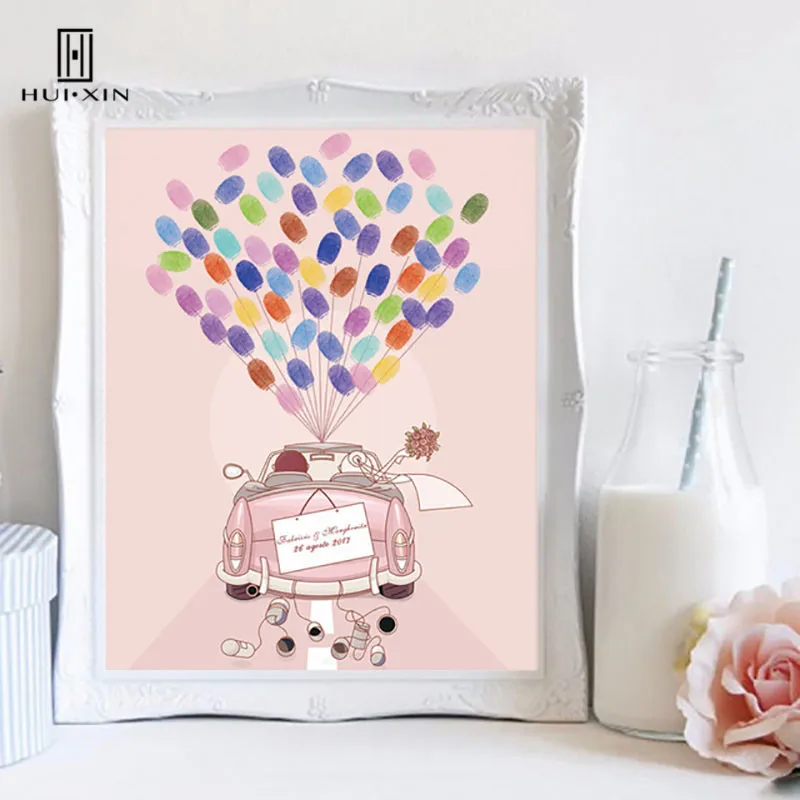 

Bride Groom Standing On Wedding Pink Car Canvas Paintings Free Name Date DIY Fingerprint Signature Guesbtook For Wedding Decor