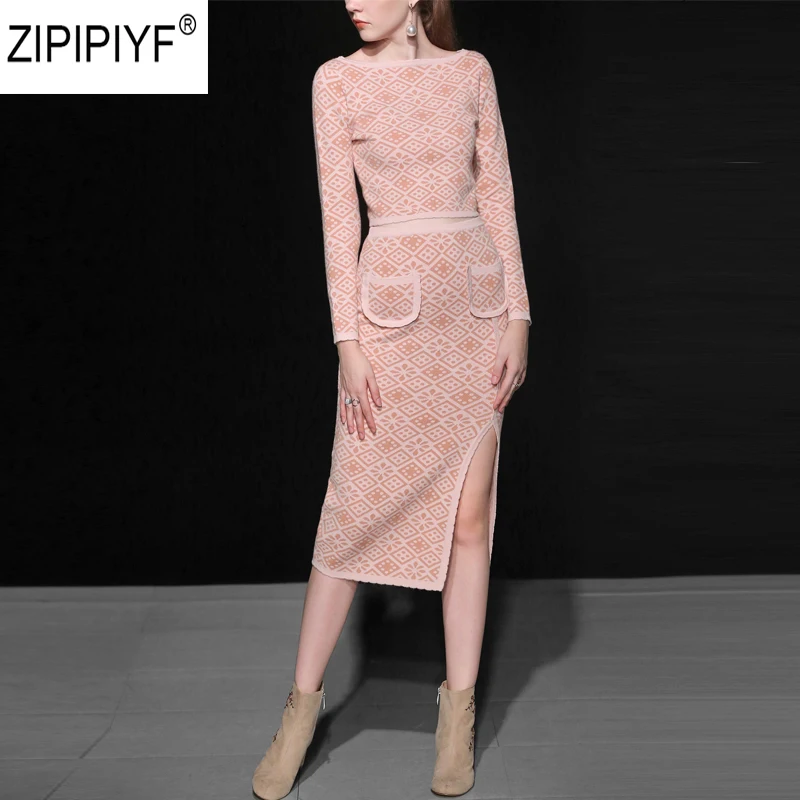 Manches Genou Jupe Femmes Tops Automne Picture Longues cou Pièces longueur Costume Color C2313 Printemps Maille En Et 2018 Pull 2 O À Tricoté TZq44P