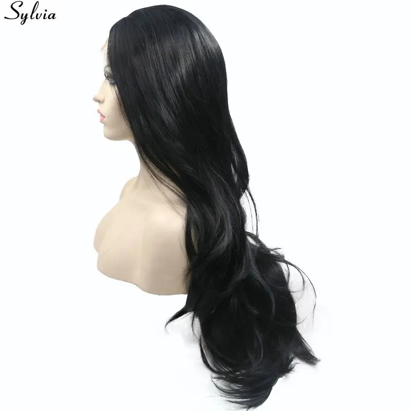Natural Hairline Glueless Heat Resistant Fiber Hair Wigs for Women Swiss Long Black 1# Body Wave Synthetic Lace Front Wig (1)