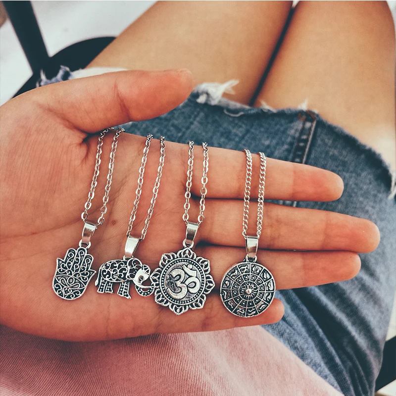 Бохо Слоник Пальма Ом компас многослойное ожерелье с подвеской женская личность Серебряная цепочка длинное ожерелье Шарм ювелирные изделия подарок