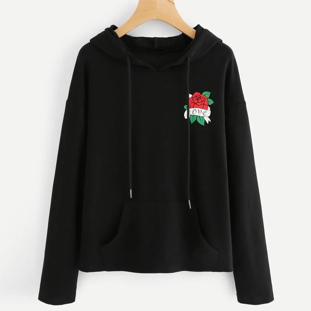 Women Fashion Black Pullovers Hoodies Autumn Ladies Long Sleeve Crewneck Rose Flower Drawstring Sweatshirt Women's Jumper #YL