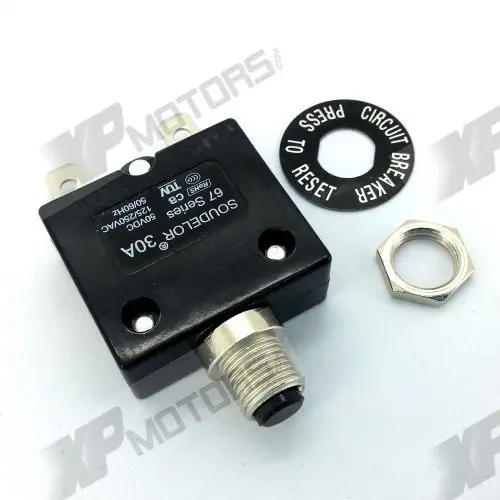 Push button circuit breaker for operation up to 50 volts DC or 250