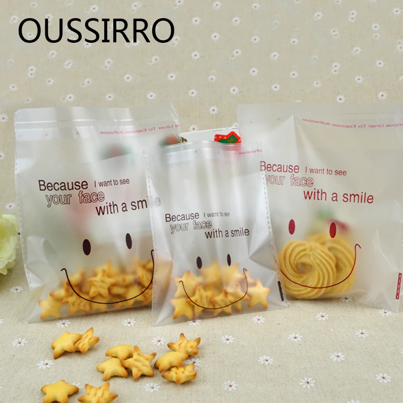 

50Pcs Frosted Smile Face Bag Biscuit Candy Self-adhesive Bag DIY Baking Package Food Packaging Bags Festival Party 14cm*14cm