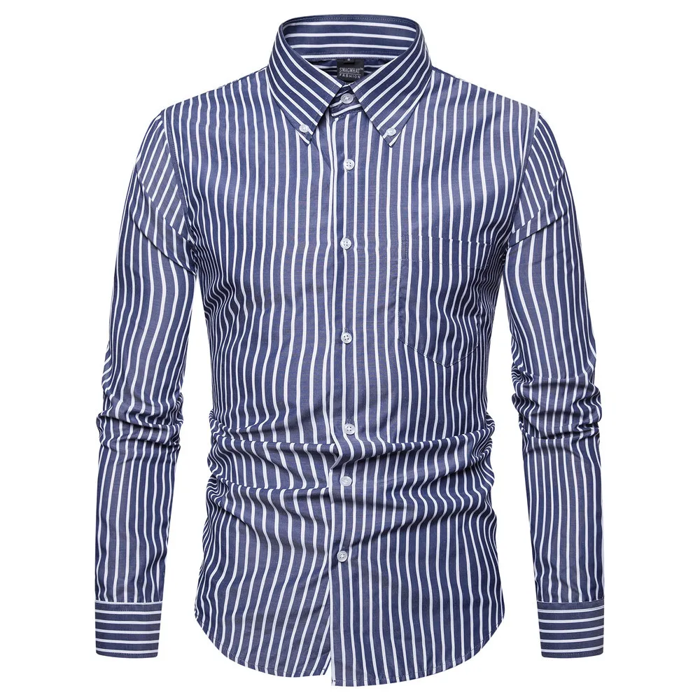 Рубашка в полоску Для мужчин 2018 Фирменная Новинка Slim Fit с длинным рукавом платье рубашка Для мужчин s Повседневное кнопка вниз рубашки