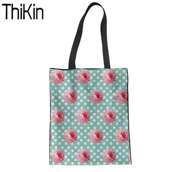 

THIKIN Foldable Shopping Bags Women Pink Flower Printing Large Organizer Shoulder Bag Ladies Vantage Style Shopper Bags Storage