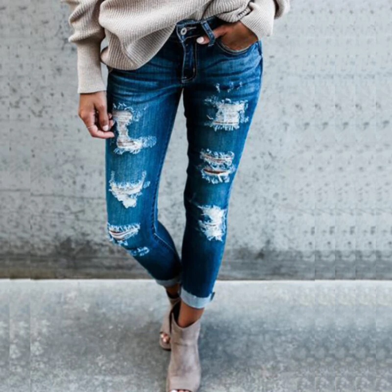 Women Fashion Destroyed Hole Ripped Blue Jeans Pearled
