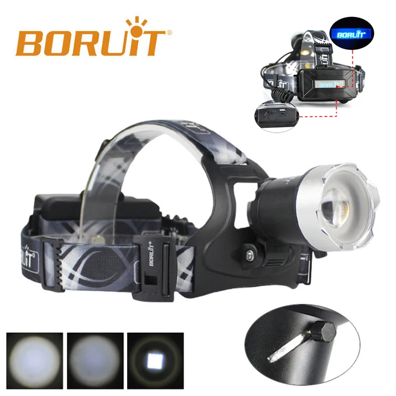 cheap Boruit B13 LED Headlamp Rechargeable Zoomable Head Light Waterproof Torch Lights XM L2 Latest Version, 6000 Lumens BlACK FISHING