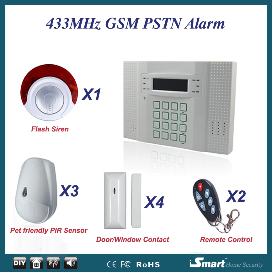 

40 Defense Zones LCD Display English Voice Prompt Alarm System with Door Sensor+Pet PIR+Smoke Detector+Wireless Strobe Siren