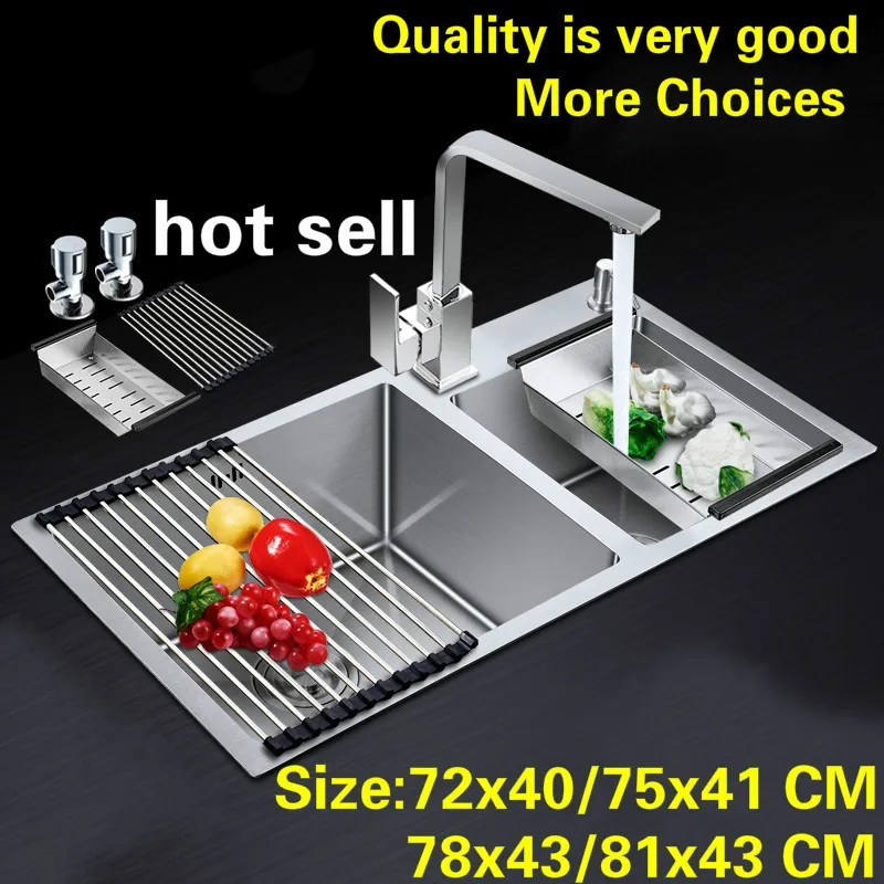 

Free shipping Standard kitchen manual sink double groove durable food grade stainless steel hot sell 72x40/75x41/78x43/81x43 CM