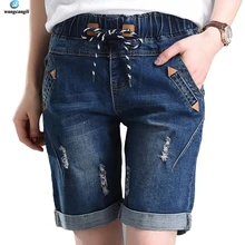 Модные рваные синие джинсовые шорты на шнурке женские летние пляжные шорты на пуговицах с высокой талией Короткие Брюки с карманами 5XL джинсовые шорты для женщин