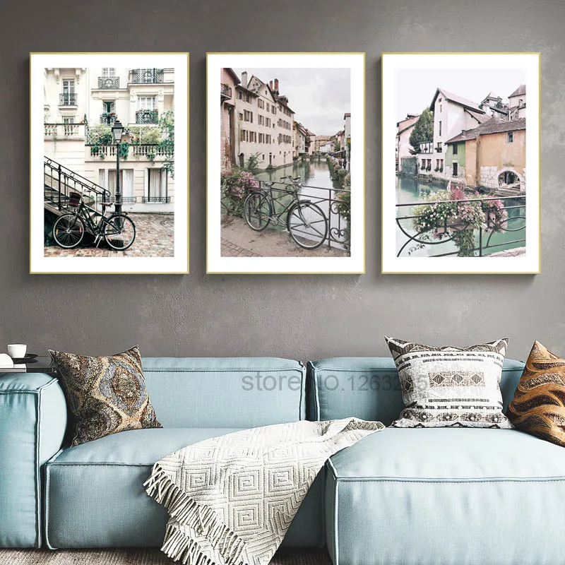British Architecture Nordic Poster River Wall Art Canvas Painting Bicycle Prints Town Wall Pictures For Living Room Unframed