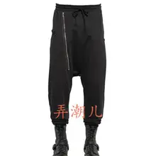 27-40 Горячая Sping Мужская Новая мода низкая вилка через нерегулярные сплайсинга ноги досуг брюки молния украшения