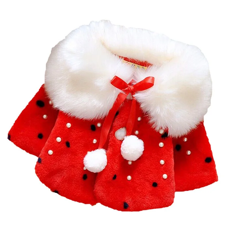 Пальто с искусственным мехом для маленьких девочек; сезон осень-зима; красивая одежда в черный горошек; Детская шерстяная верхняя одежда; костюм с шалью с бисером для маленьких девочек - Цвет: Красный