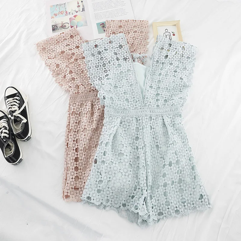 

Summer Sleeveless Hollow Out Playsuit overalls Summer Women Floral Embroidery jumpsuit romper