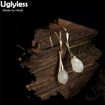 

Uglyless 100% Real 925 Sterling Silver Handmade Gold Plated Flower Earrings for Women Natural White Jade Magnolia Fine Jewelry