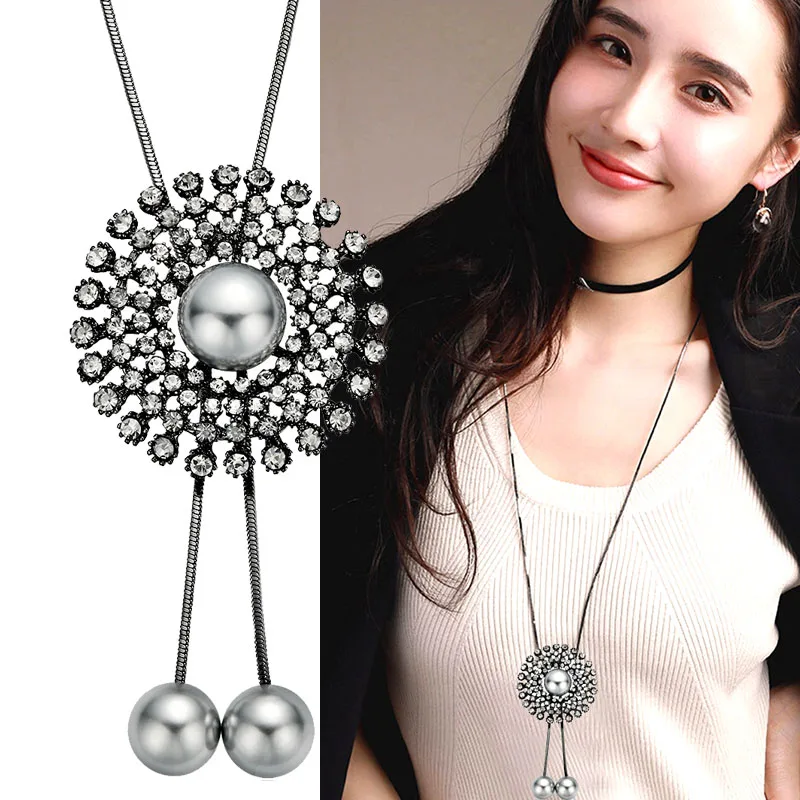 

SINLEERY Vintage Cubic Zirconia Round Flower Adjusted Pendant Long Necklace With Simulated Pearl Jewelry For Women MY111 SSB