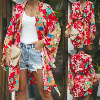 

UK Stock Women Chiffon Shawl Kimono Cardigan Top Beachwear Flower Print Summer Hot Female Cover Up Blouse