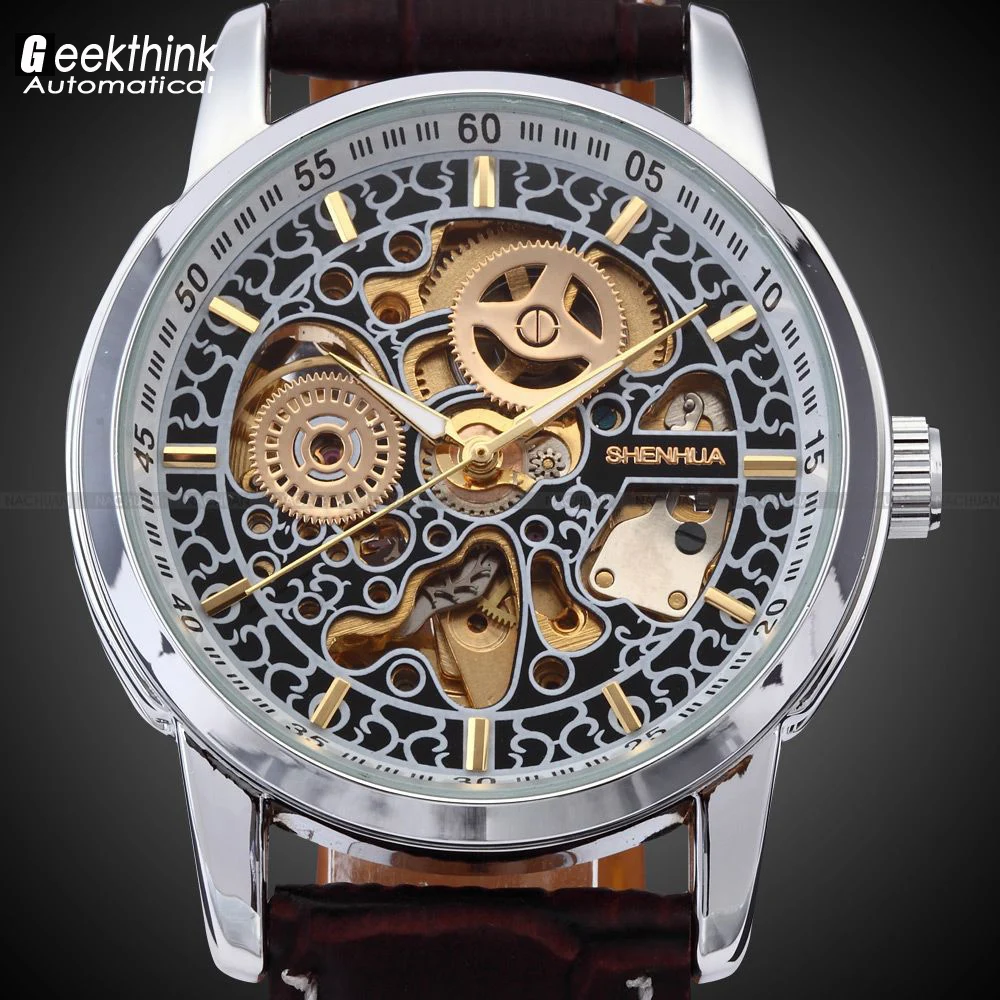 Vente SHENHUA Hommes Squelette Automatique Montre Bracelet Horloge hommes Bracelet En Cuir Antique Steampunk Casual Squelette Montre Mécanique Nouveau Unique