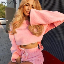 WannaThis Women 2 Piece Set Top and Shorts Casual Woman Set Pink Flare Sleeve Bow Lace up Drawstring Crop Top and Shorts Set sleeveless knotted top and pockets shorts set
