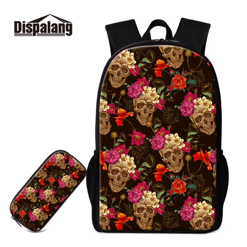 

Dispalang 600D Polyester Daily Set Most Popular Skull Printed Funky Girls School Backpack with Lunch Box and Pencil Case Bags