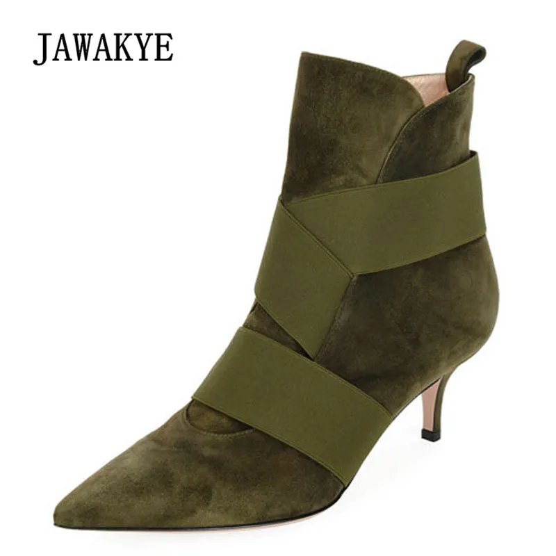 

2018 Green Suede Ankle Boots Women Pointed Toe Sexy Cross Strap Elastic Bandage 5.5CM heel Boots Woman Fashion Martin Boots