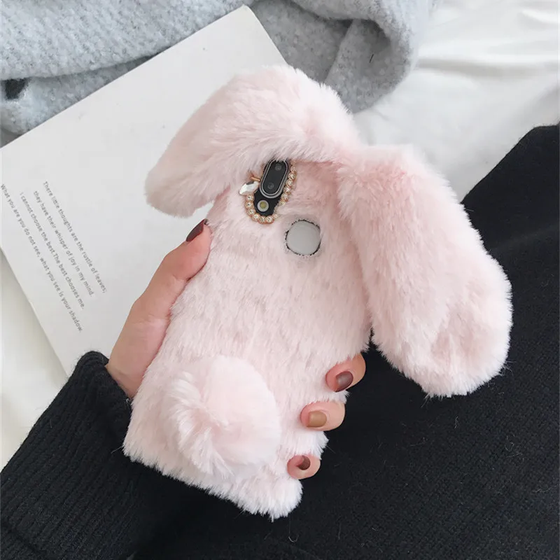 Cute Fluffy Rabbit Hair Fur Phone Case For Huawei P30 pro P20 lite Y9 2019 Honor 8C 8X Mate 20