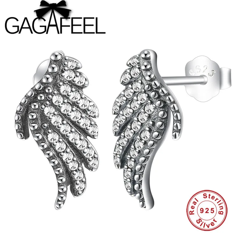 

GAGAFEEL Genuine 925 Sterling Silver Majestic Feathers Earrings White CZ Crystal Feather Stud Earrings For Women Birthday Gifts