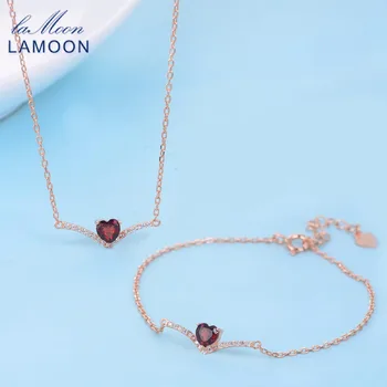 

LAMOON V Shape 100% 925 Sterling Silver Jewelry Sets Love Heart Natural Garnet Gemstones S925 Fine Jewelry For Women V004-8