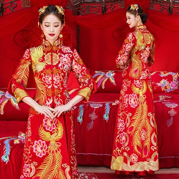 

bride wedding dress Traditional chinese style costume Phoenix cheongsam Embroidery clothing Luxury ancient Royal Red Qipao gown
