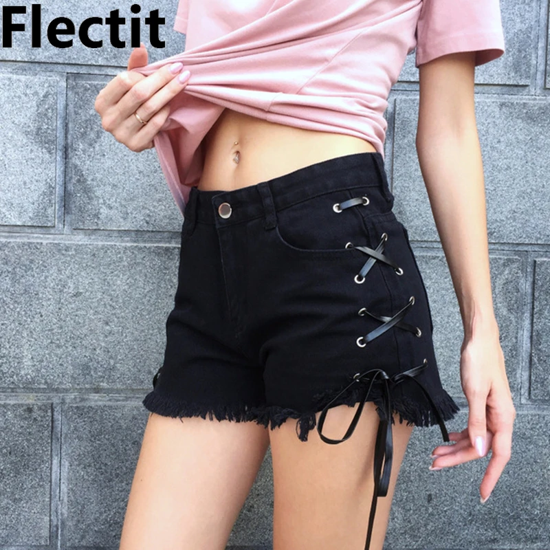 Шорты джинсовые Flectit женские на шнуровке черные с потертым подолом завышенной
