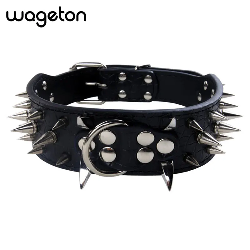 Spiked Studded Dog Collar Wide Solid Leather Pet Collars XS, S, M, L Sizes Varied Colors for