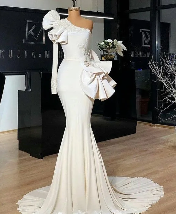 Мусульманское вечернее платье русалки Кружевное белое торжественное платье на одно плечо с длинным рукавом длинное элегантное вечернее платье в арабском стиле - Цвет: same as photo