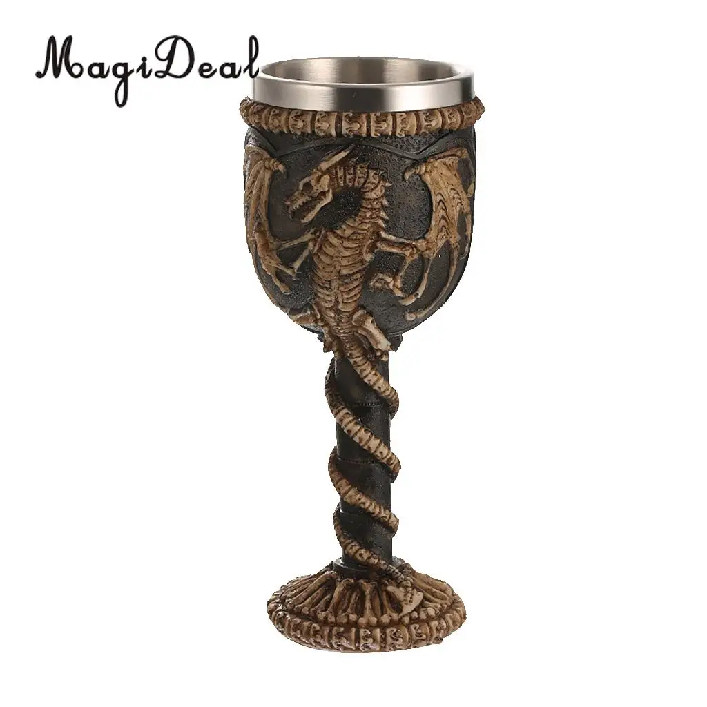 MagiDeal Practical Gothic Double Wall Resin Stainless Steel Dragon Wine Goblet Steampunk Collectible Decorative Craft Gift Cup