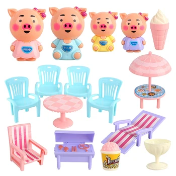 

MrY Cute Kids Pretend Play Kitchen Toy Set Cartoon Pig Beach BBQ Educational DIY Table Stool Snack Stall Simulation Food s
